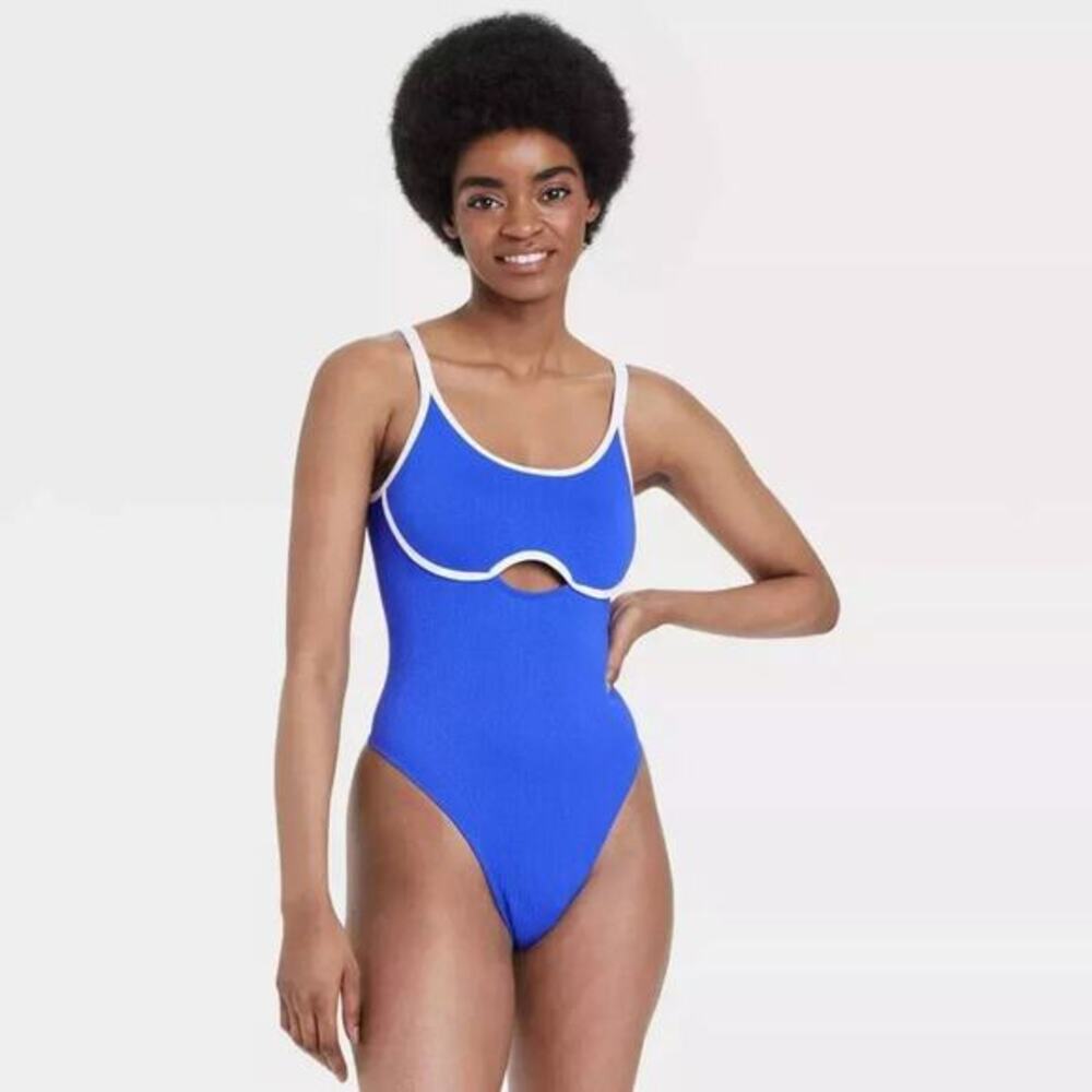 Colsie Women's Contrast Trim Keyhole Thong Bodysuit Blue White Size‎ Large
